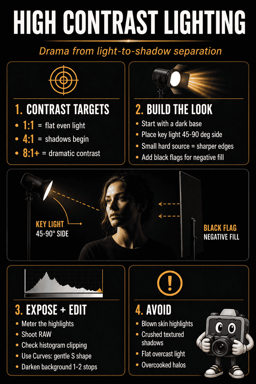 High contrast lighting cheat sheet showing contrast ratios, side key light placement, negative fill, exposure tips, editing steps, and common mistakes to avoid