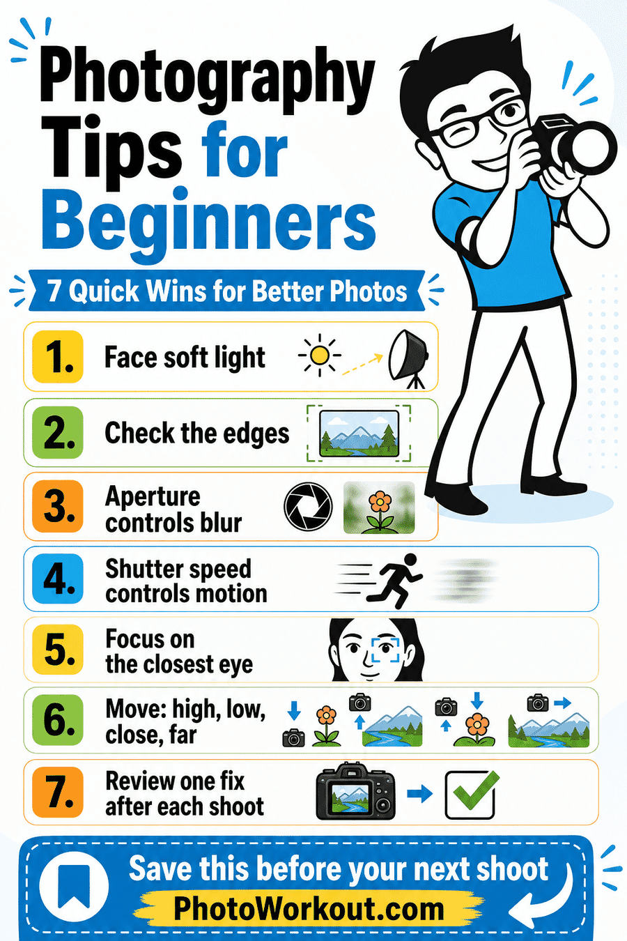 Photography tips for beginners cheat sheet with seven quick wins for better photos