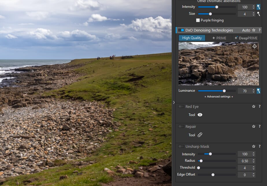 DxO denoising tools including DeepPRIME