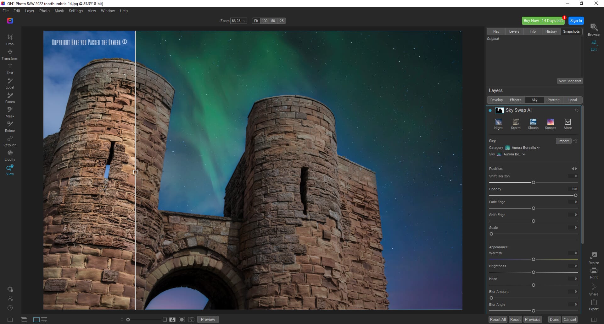 Using the Sky Swap AI tool to add an aurora