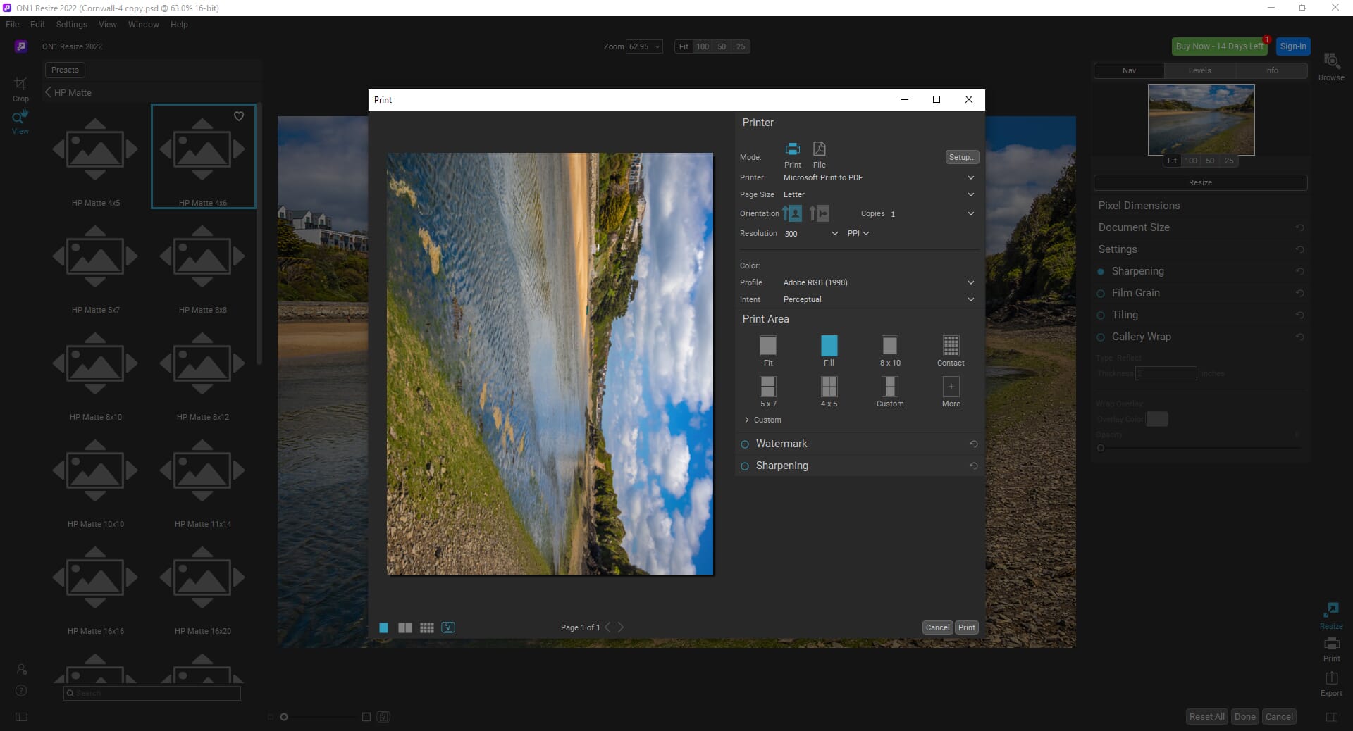Print dialog box in ON1 Resize 2022