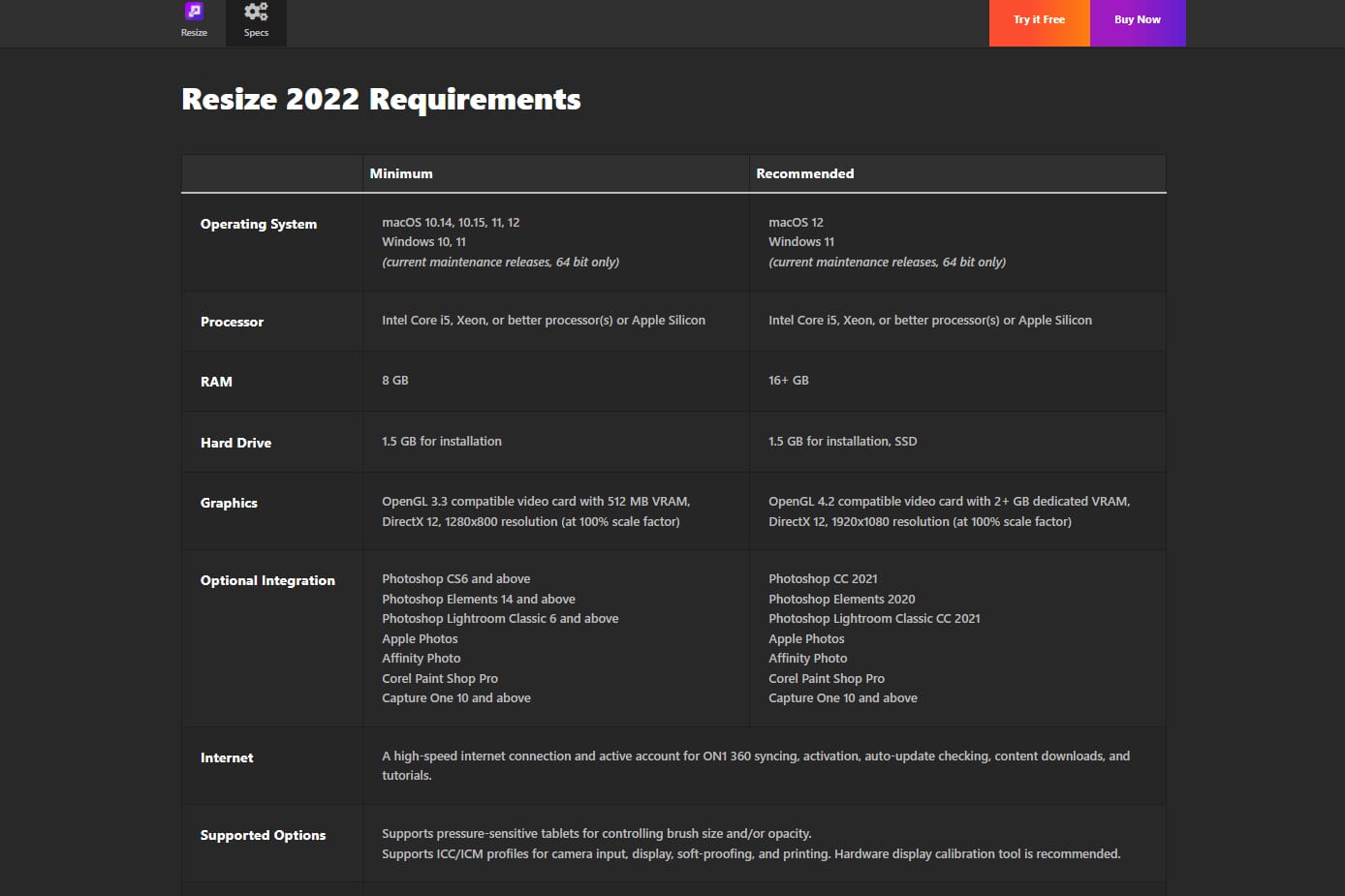 System requirements for ON1 Resize