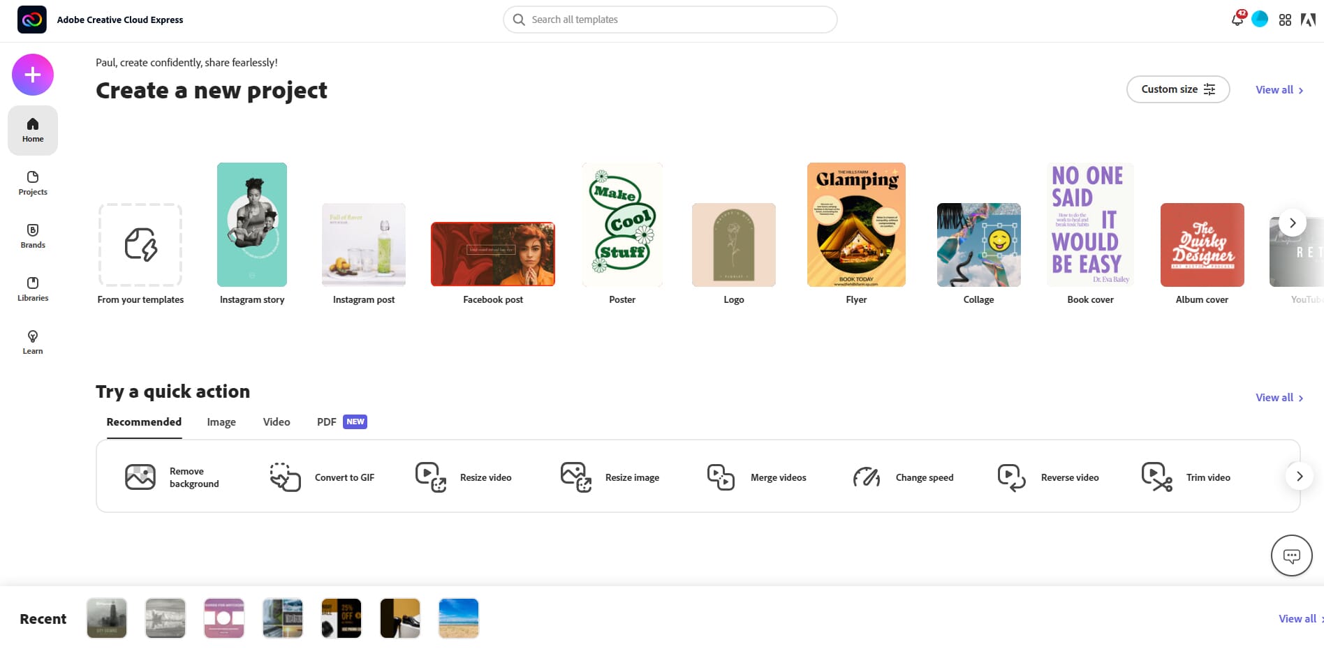 Updated homepage on Adobe Express