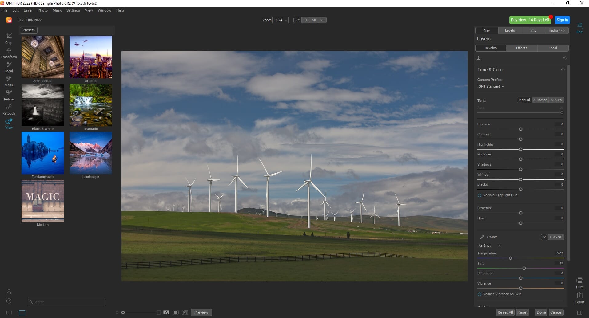 Main editing screen of ON1 HDR 2022