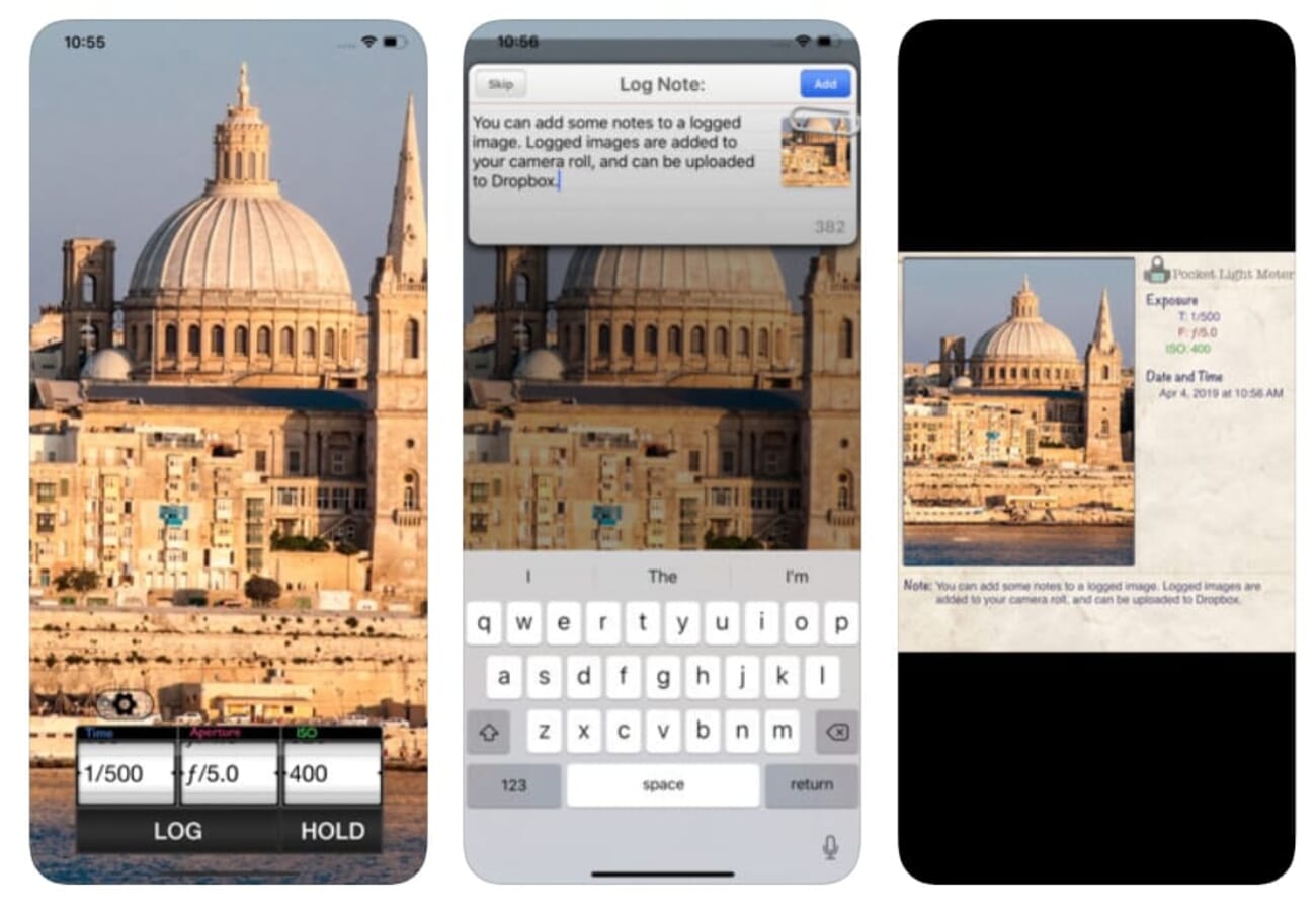 Pocket Light Meter app screens