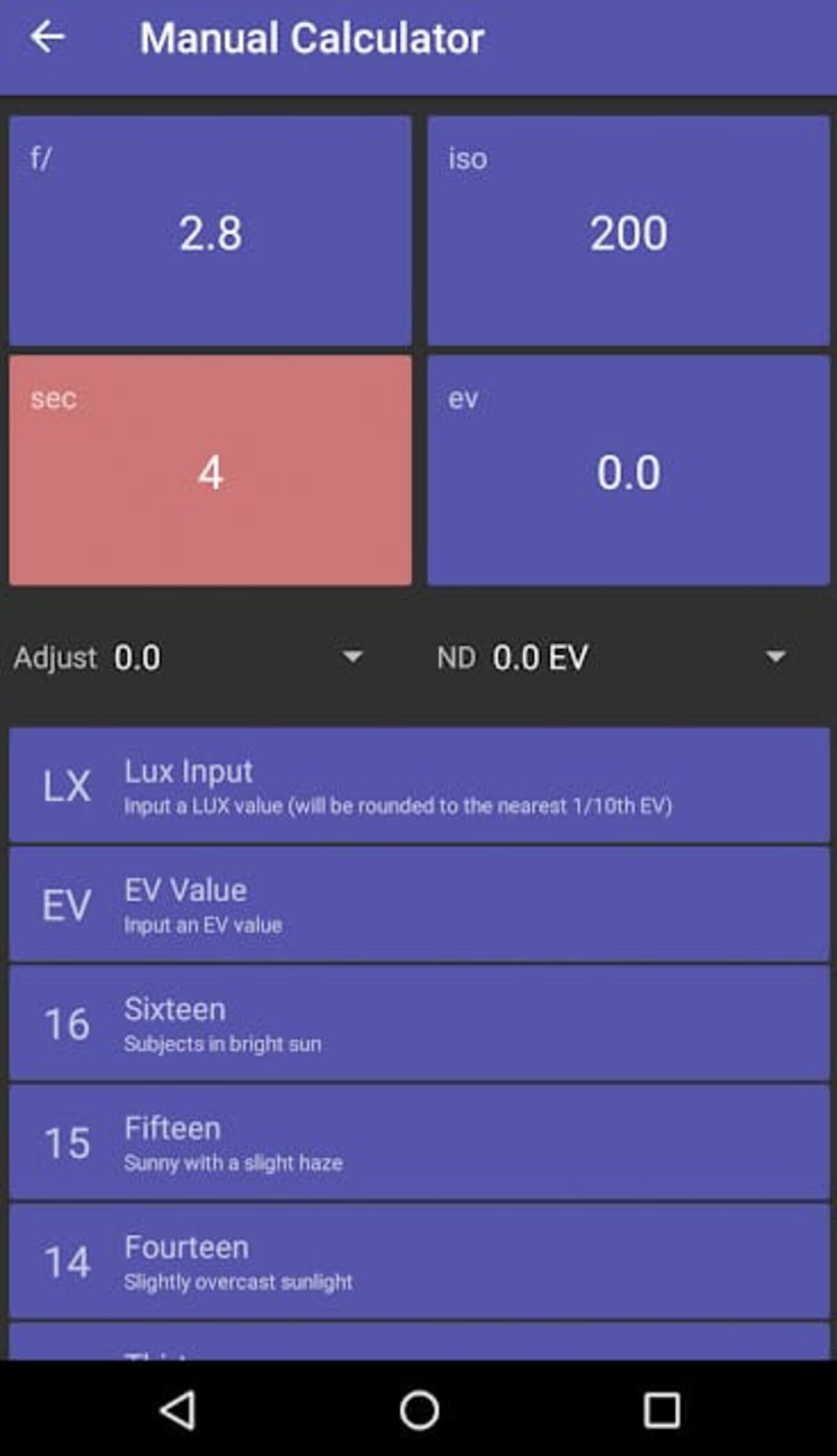 Light Meter app screen on Android