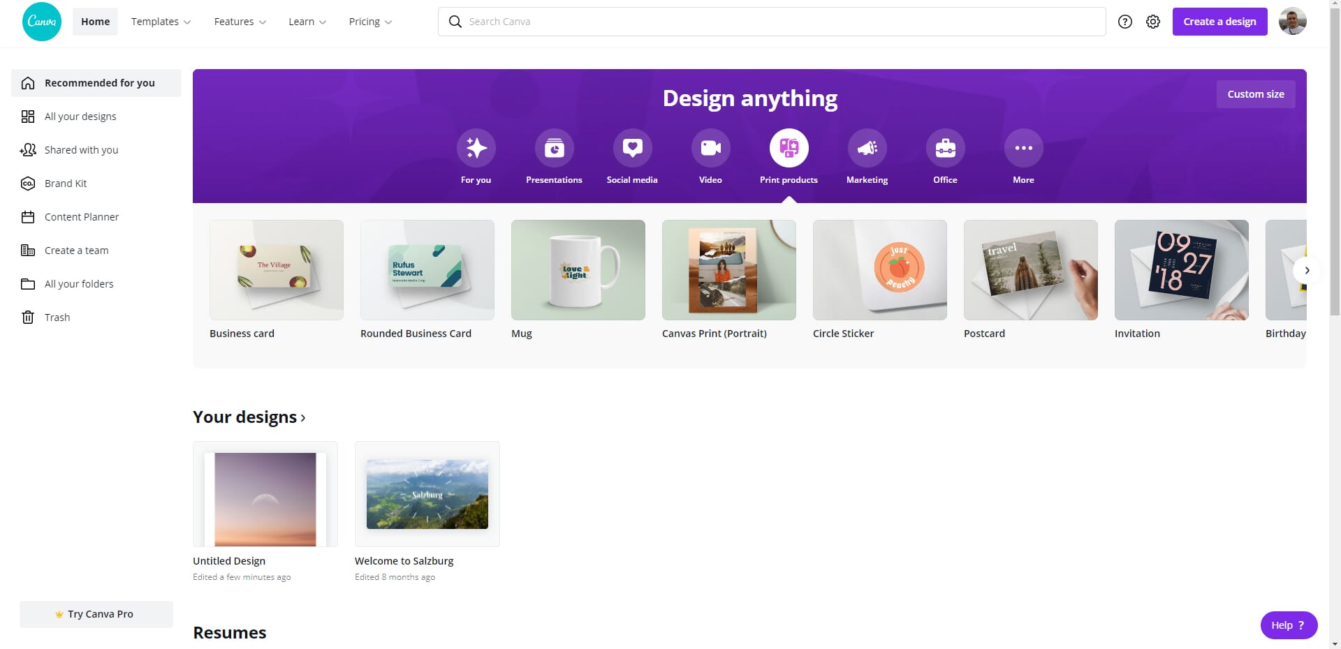 Canva's different print options