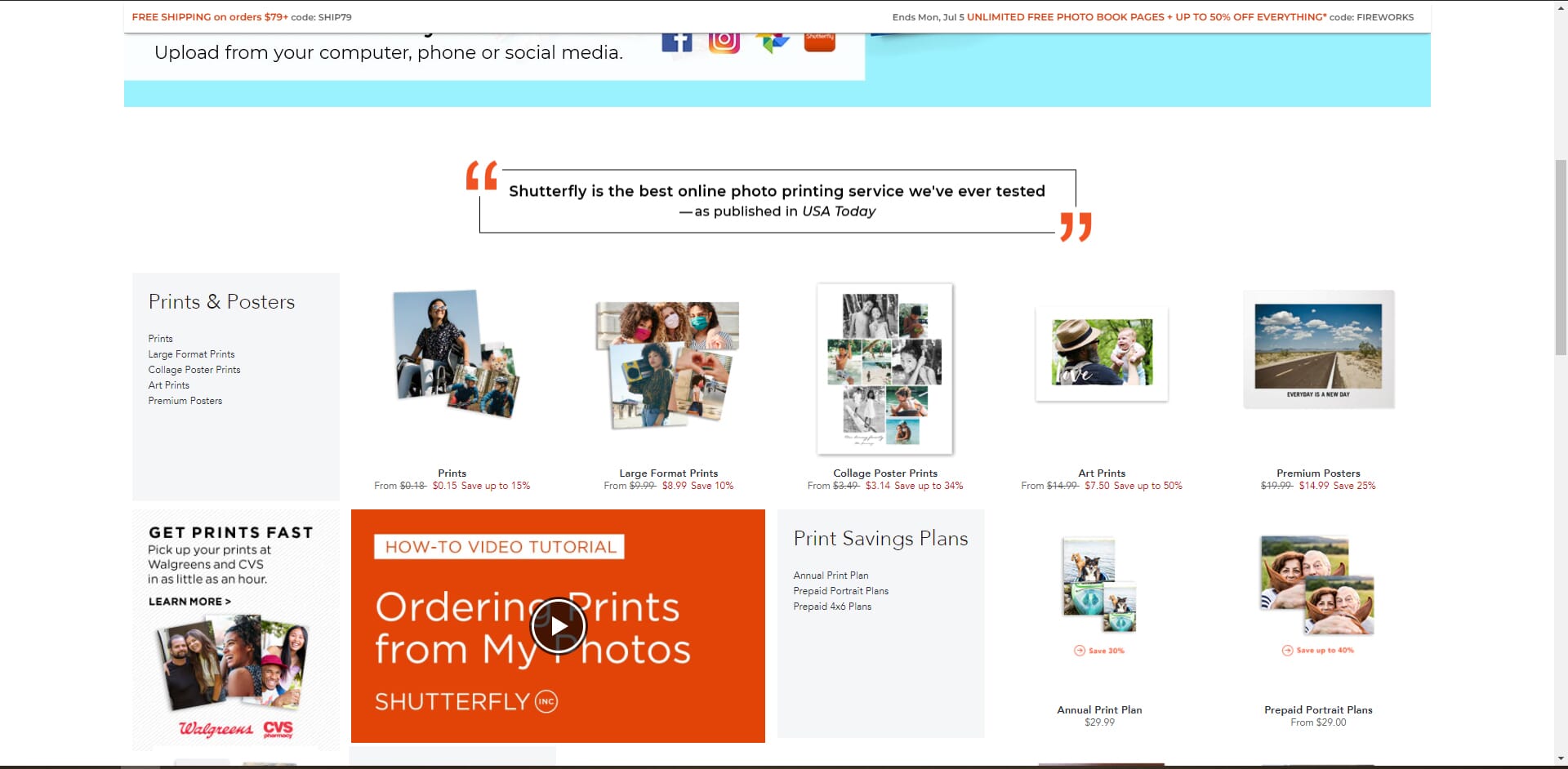 Different photo print options of Shutterfly