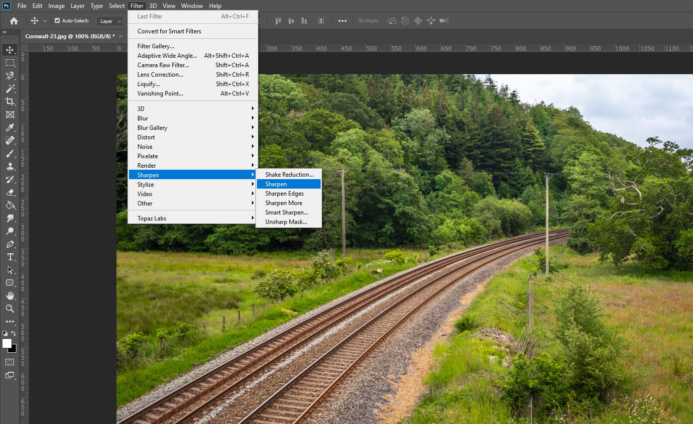 The sharpening filter menu of Adobe Photoshop