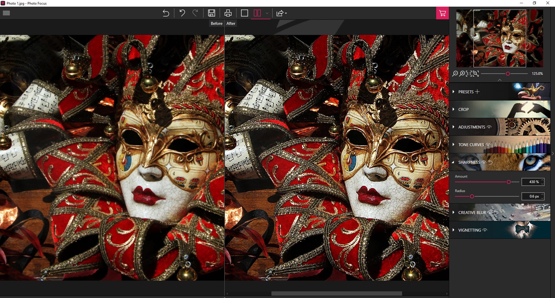 Comparing photos – a before and after preview of a sharpened image