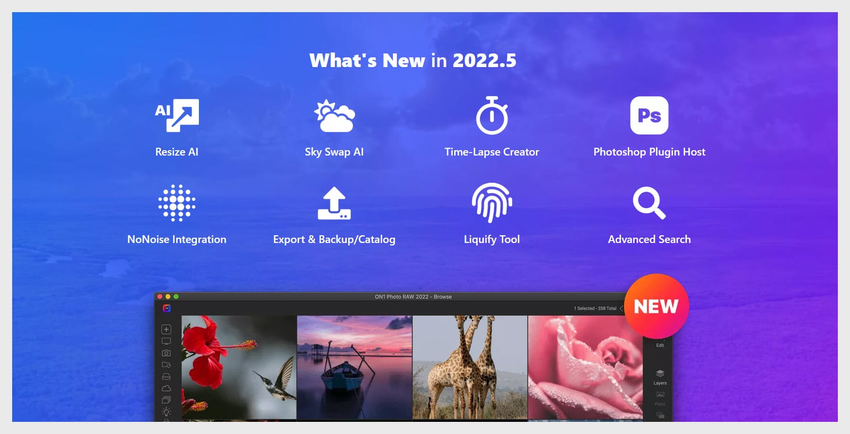 ON1 Photo RAW What's New web page with icons showing different features