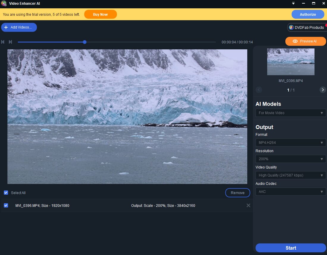 Uploading a video ready to edit in DVDFab Video Enhancer AI