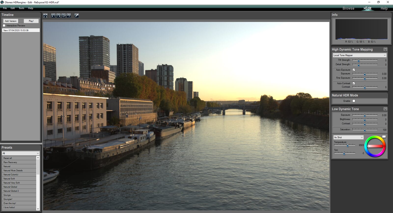 HDR processing screen on the edit tab