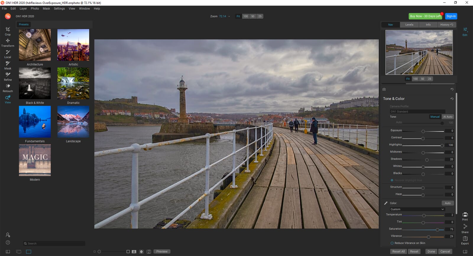HDR editing screen for post processing
