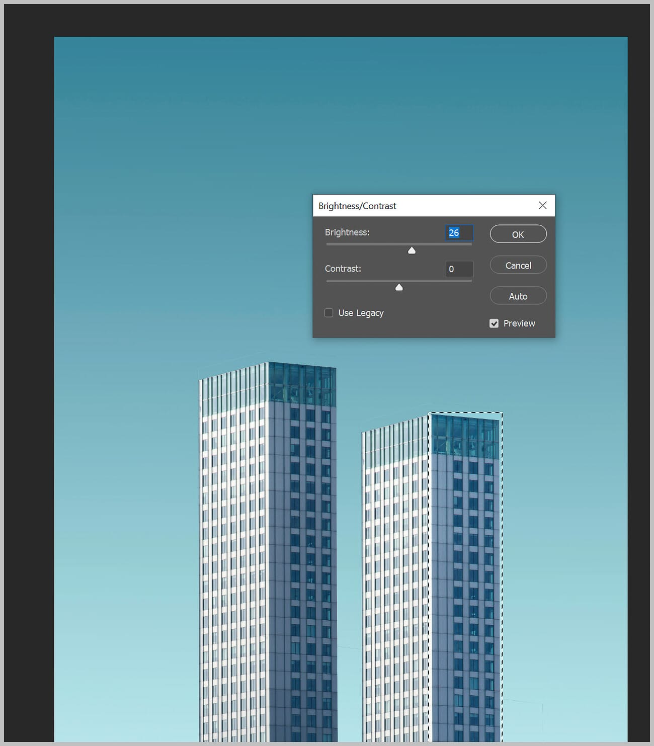 Brightness/Contrast dialog box with the brightness slider increased