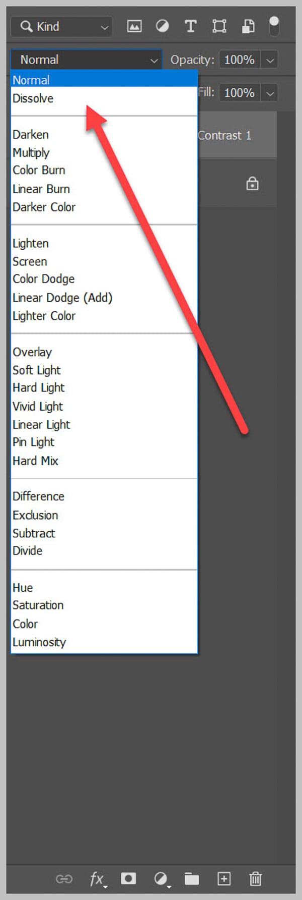 Blend mode dropdown menu open on the Brightness/Contrast adjustment layer