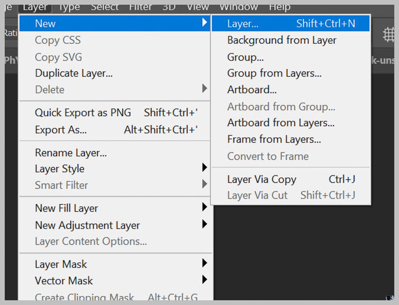 Photoshop Layer menu showing New Layer option