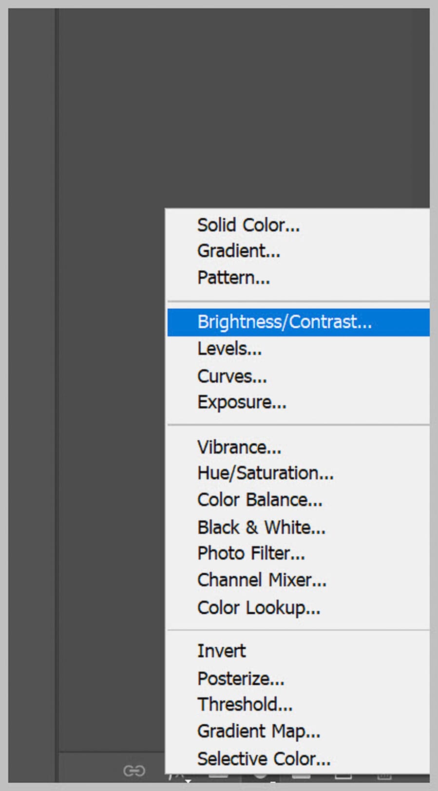 Brightness/Contrast adjustment layer being created from the Adjustments panel