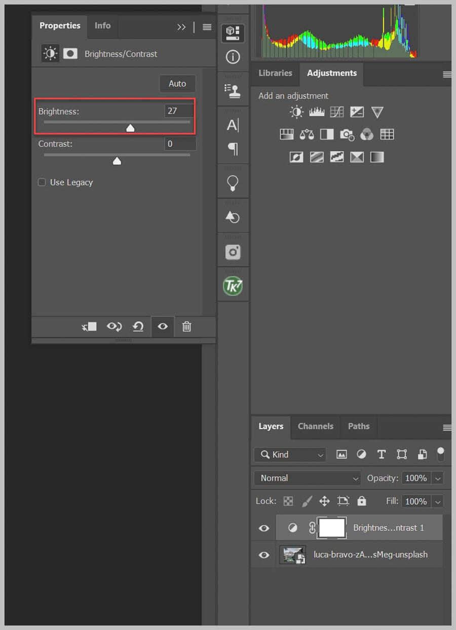 Brightness slider increased on the adjustment layer affecting the whole image