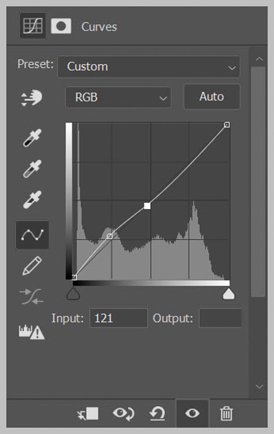 Curves dialog with the shadow area of the curve pulled upward