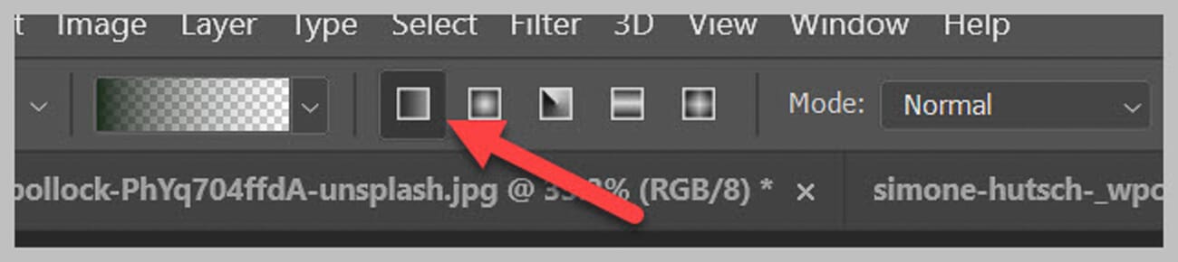 Linear Gradient icon selected in the Photoshop Options Bar