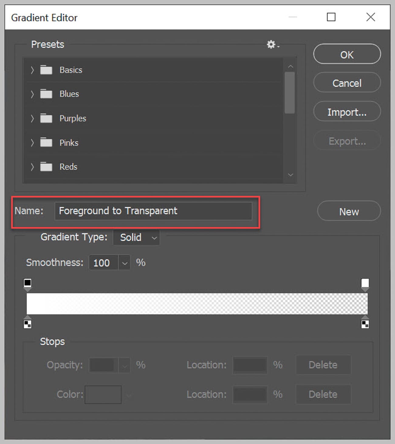 Foreground to Transparent gradient preset selected in the Gradient Editor