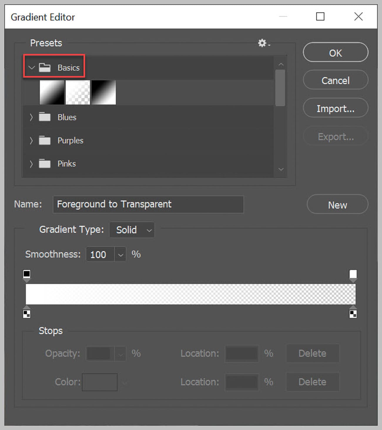 Basics folder expanded in the Gradient Editor showing default presets
