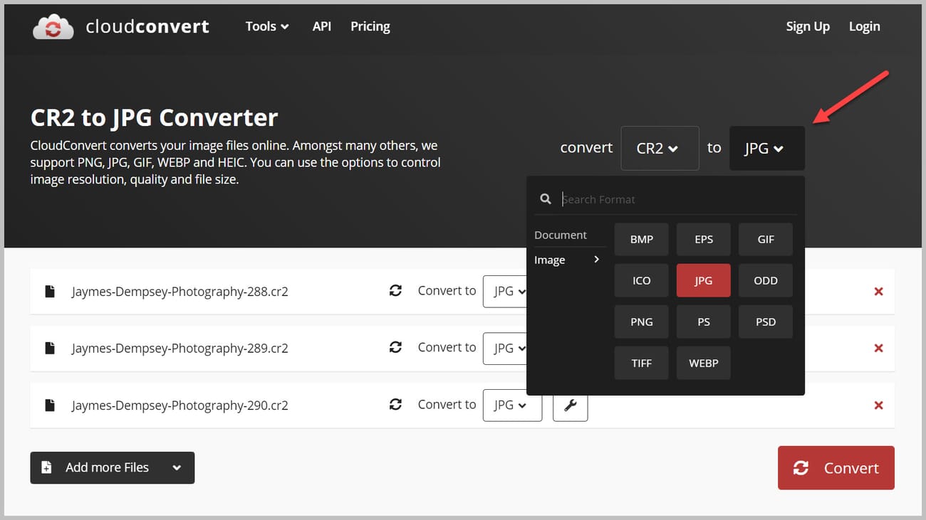 Picking the output file format (JPEG) is easy!