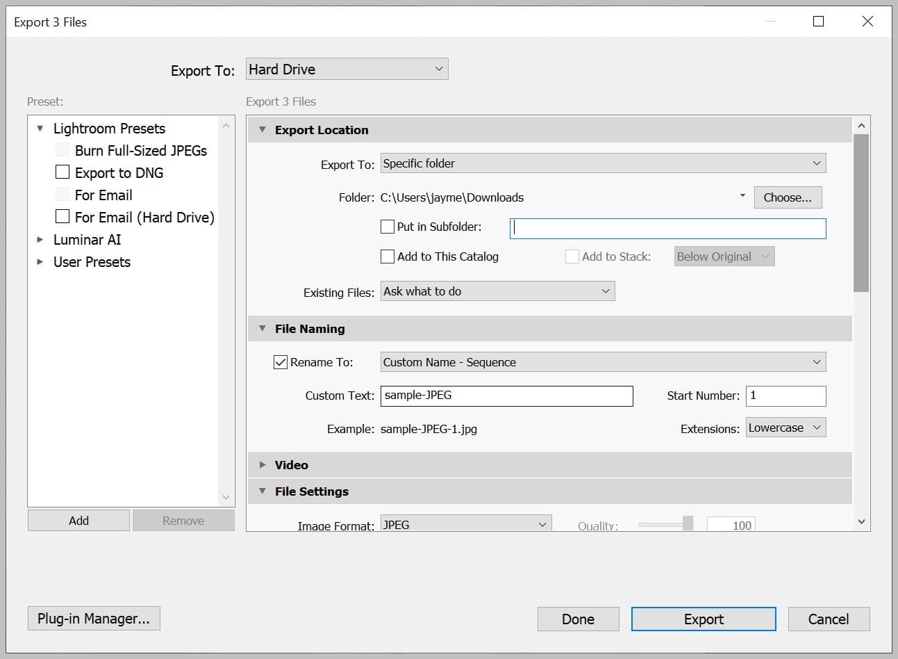 fereastra de Export Lightroom.