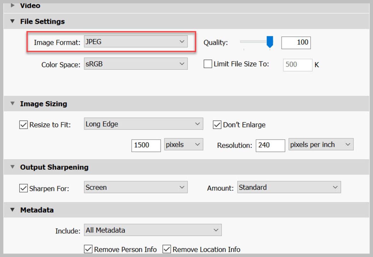 Quality at 100 is the safe default.
