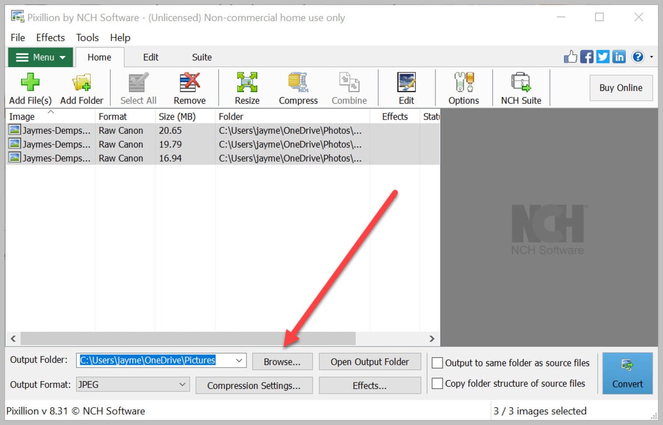 Browse for the proper output folder.