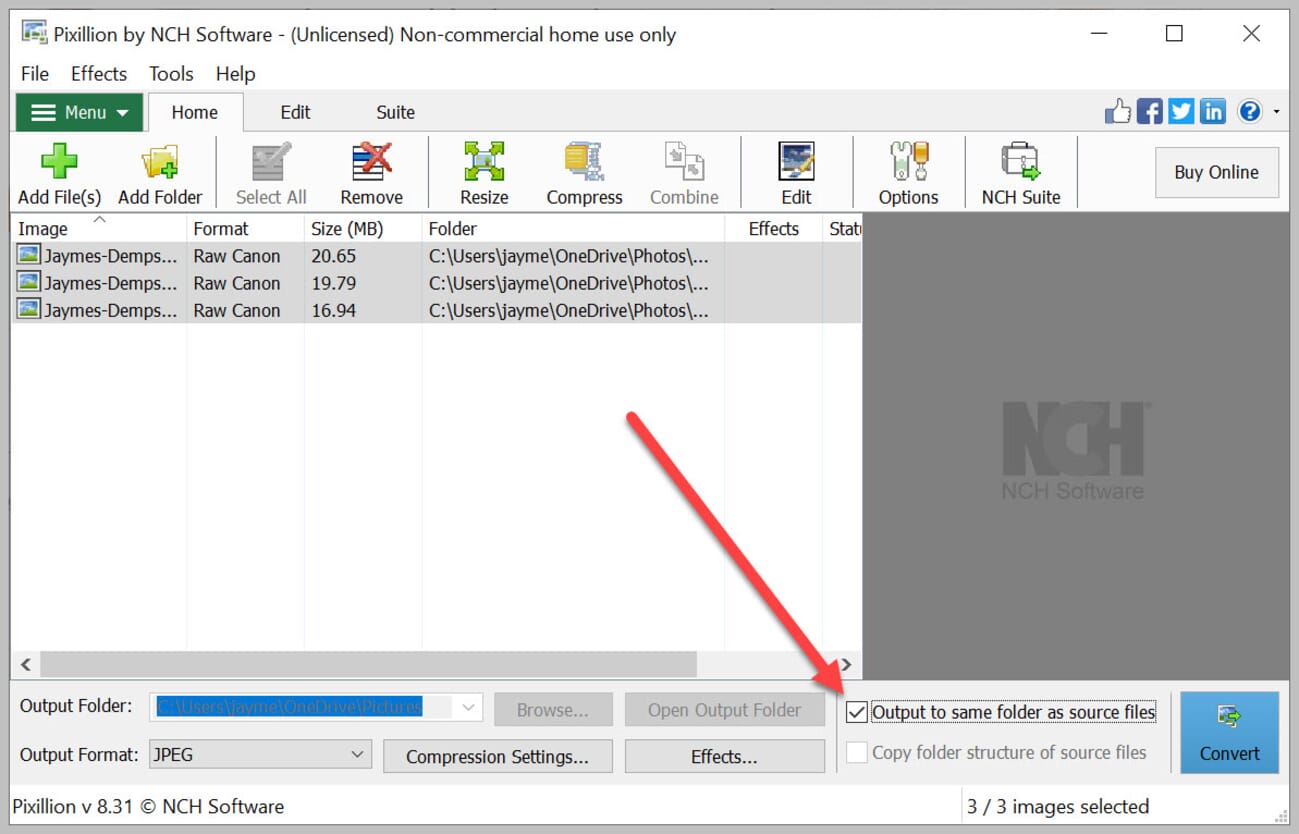 To keep your RAWs and JPEGs together, select Output to same folder as source files.