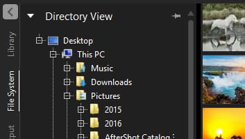 AfterShotは少し不便ですが、ドライブの既存の写真の階層を表示することができます。 画像へのアクセスと表示はかなり簡単です。 実際、画像を閲覧するために、写真をインポートしたり、ライブラリにコミットする必要はありません。 外部のフォルダや、接続されたネットワークやデバイス上のファイルを、ディレクトリビューを介して参照するだけです。 これにより、必要なファイルだけを取り込むことができるので、時間が経つにつれて雑然とした状態を解消することができます。's existing photo hierarchy.