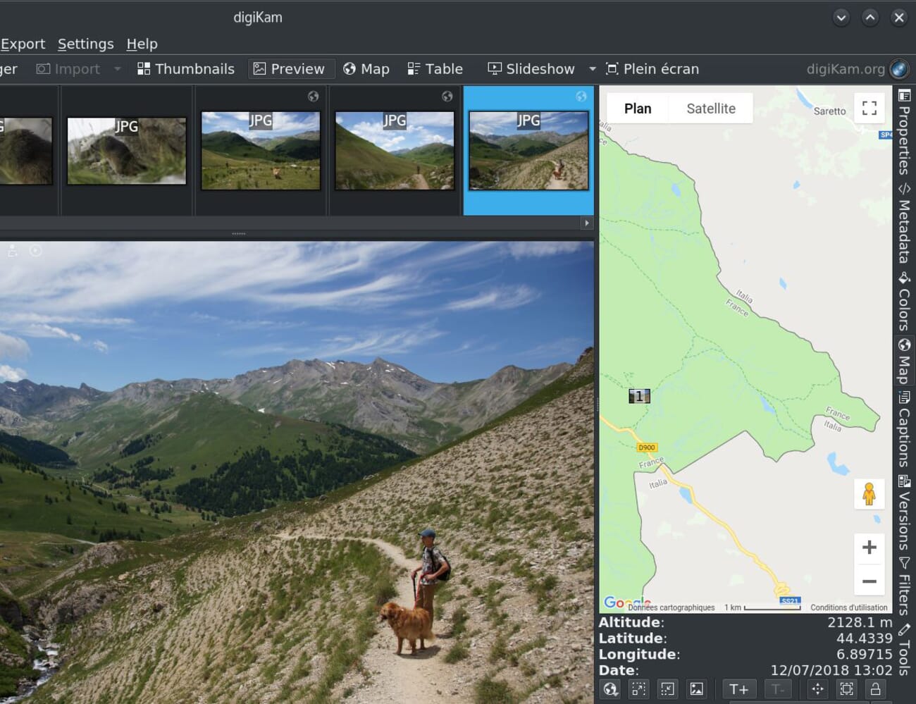 DigiKam displays plenty of metadata, including geolocations of each image's origin.