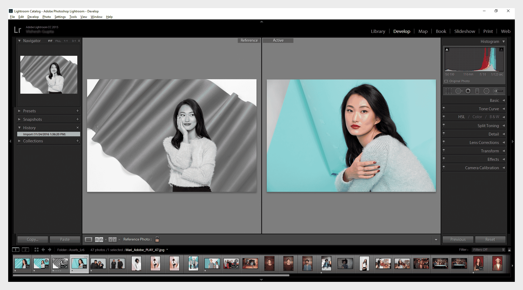Two pictures - one in black and white, one in color - of a woman side-by-side in Adobe Lightroom