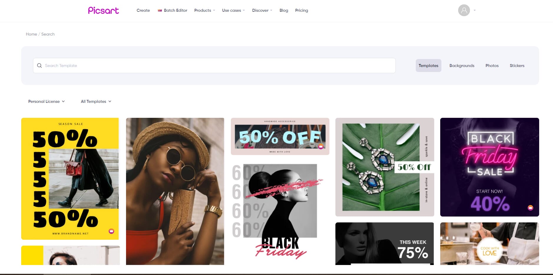 Available templates within the Picsart editor