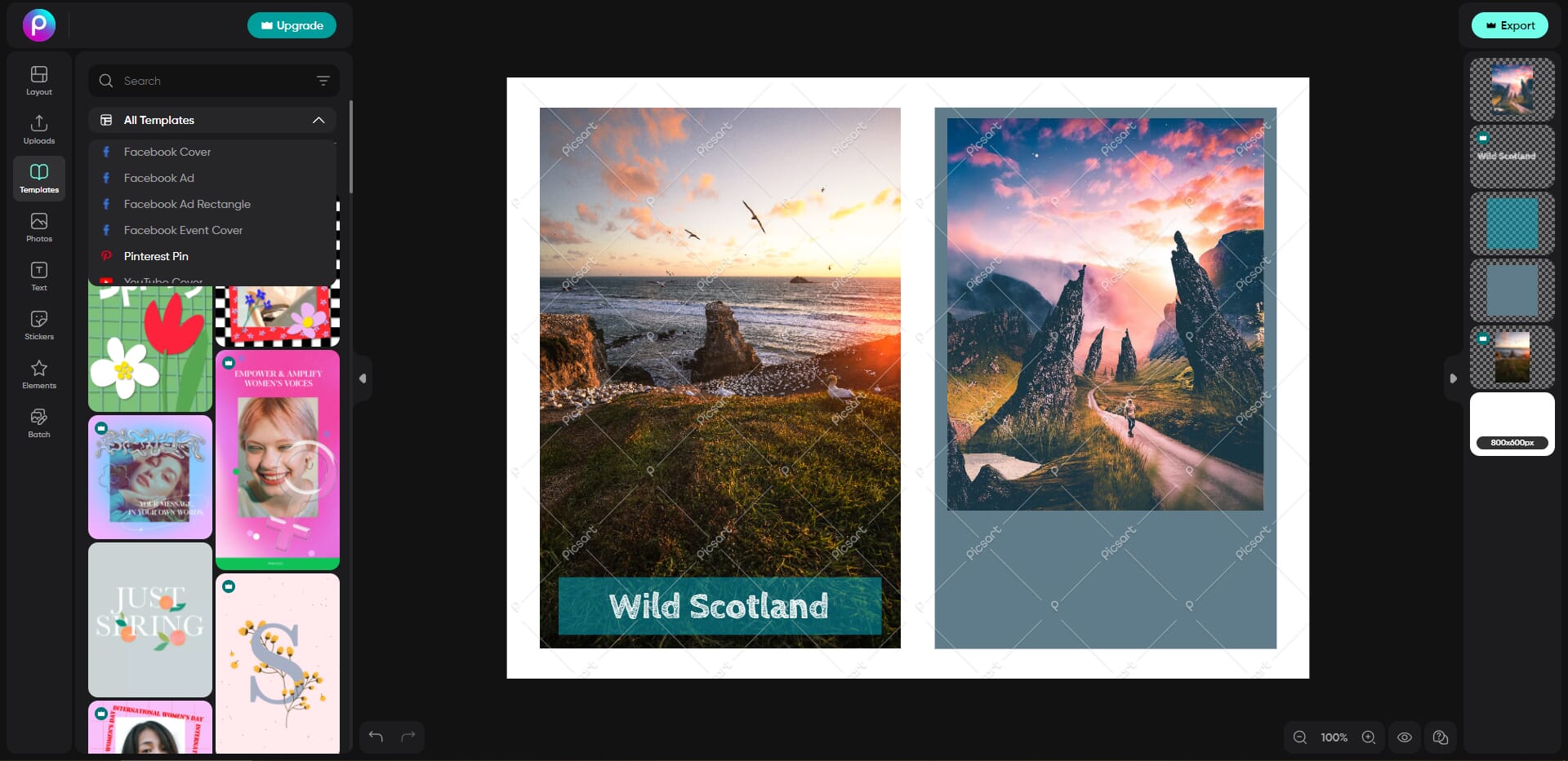 Available templates within the Picsart editor