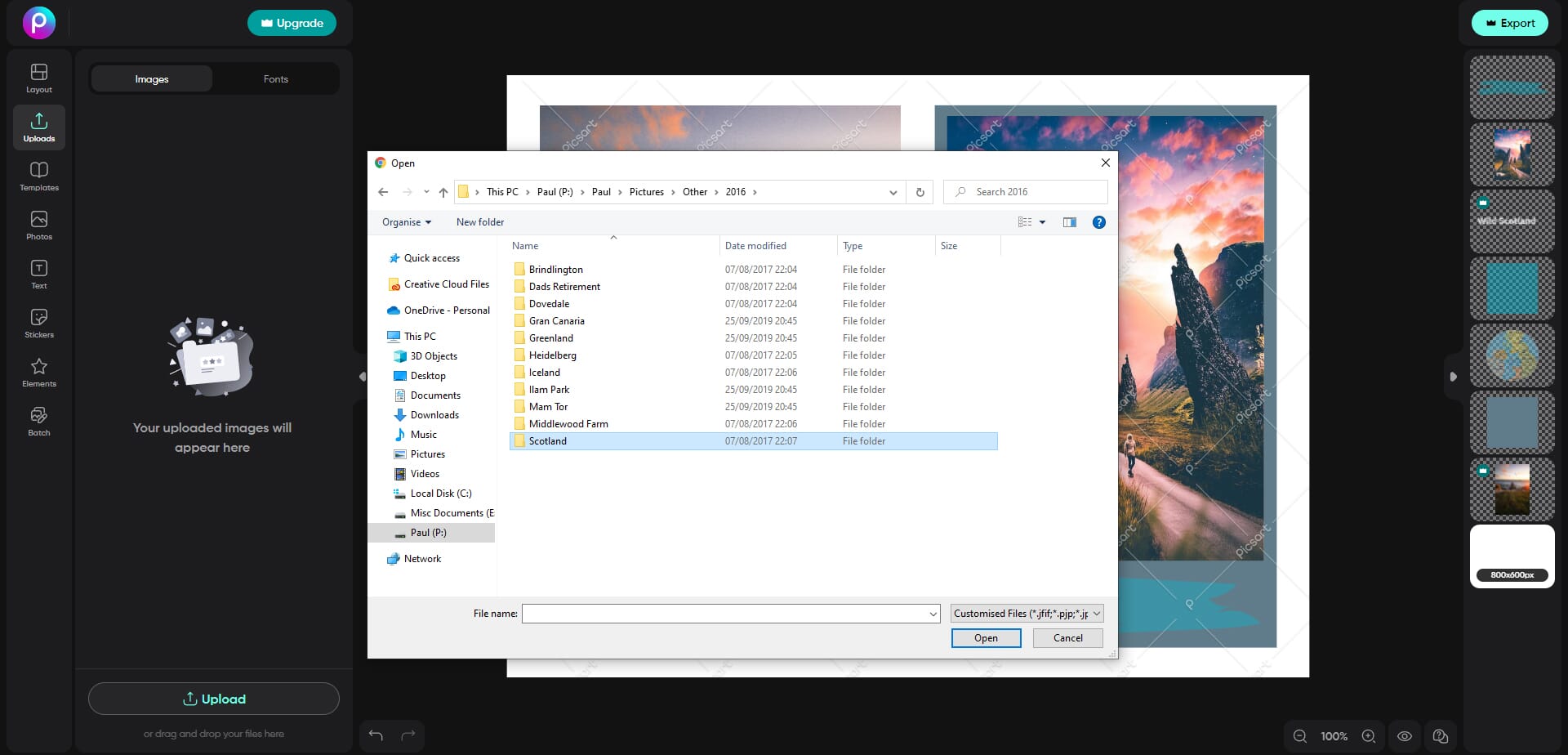 Picsart file uploading dialog box for the editor