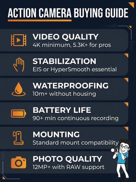 Action camera buying guide infographic showing key factors: video quality, stabilization, waterproofing, battery life, mounting options, and photo quality