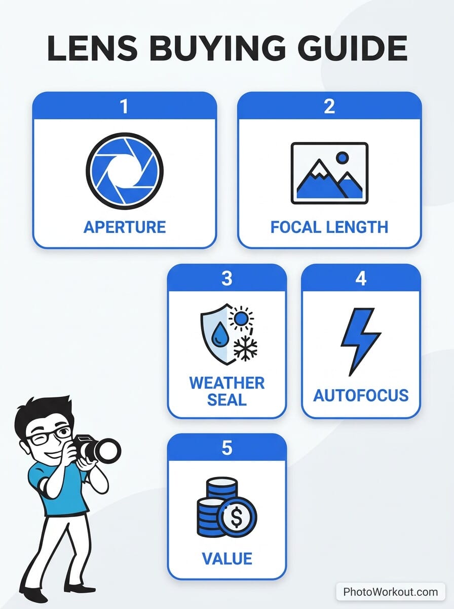 Pentax lens buying guide infographic showing five key factors: aperture, focal length, weather sealing, autofocus, and value