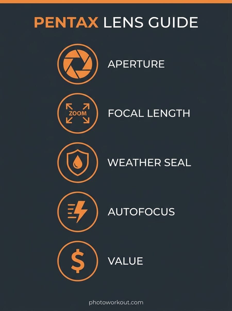 Pentax lens buying guide infographic showing five key factors: aperture, focal length, weather sealing, autofocus, and value