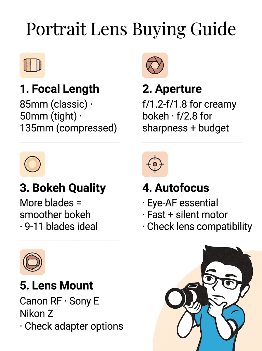Portrait lens buying guide infographic showing key factors: focal length, aperture, bokeh, autofocus, and mount compatibility