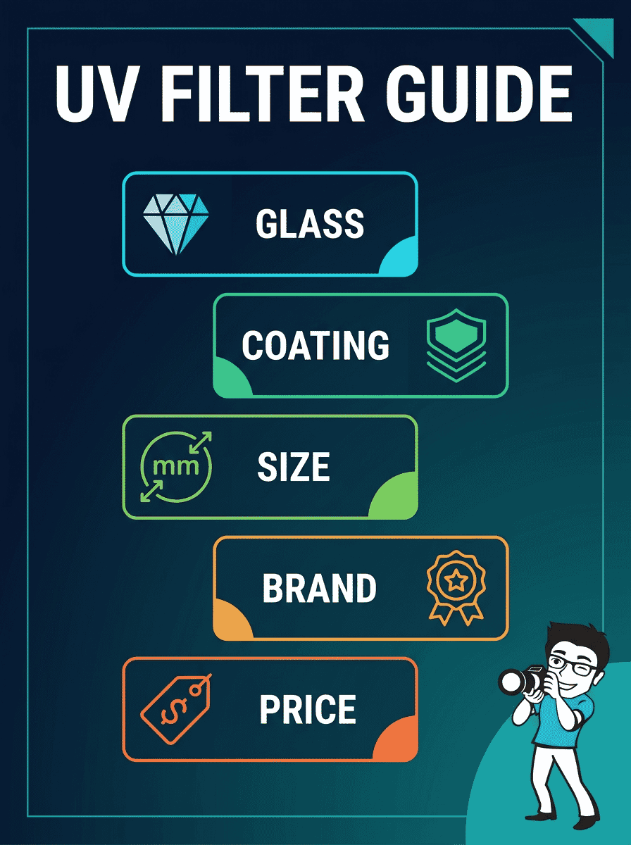 UV filter buying guide infographic showing five key factors: glass quality, coating type, filter size, brand reputation, and price tier