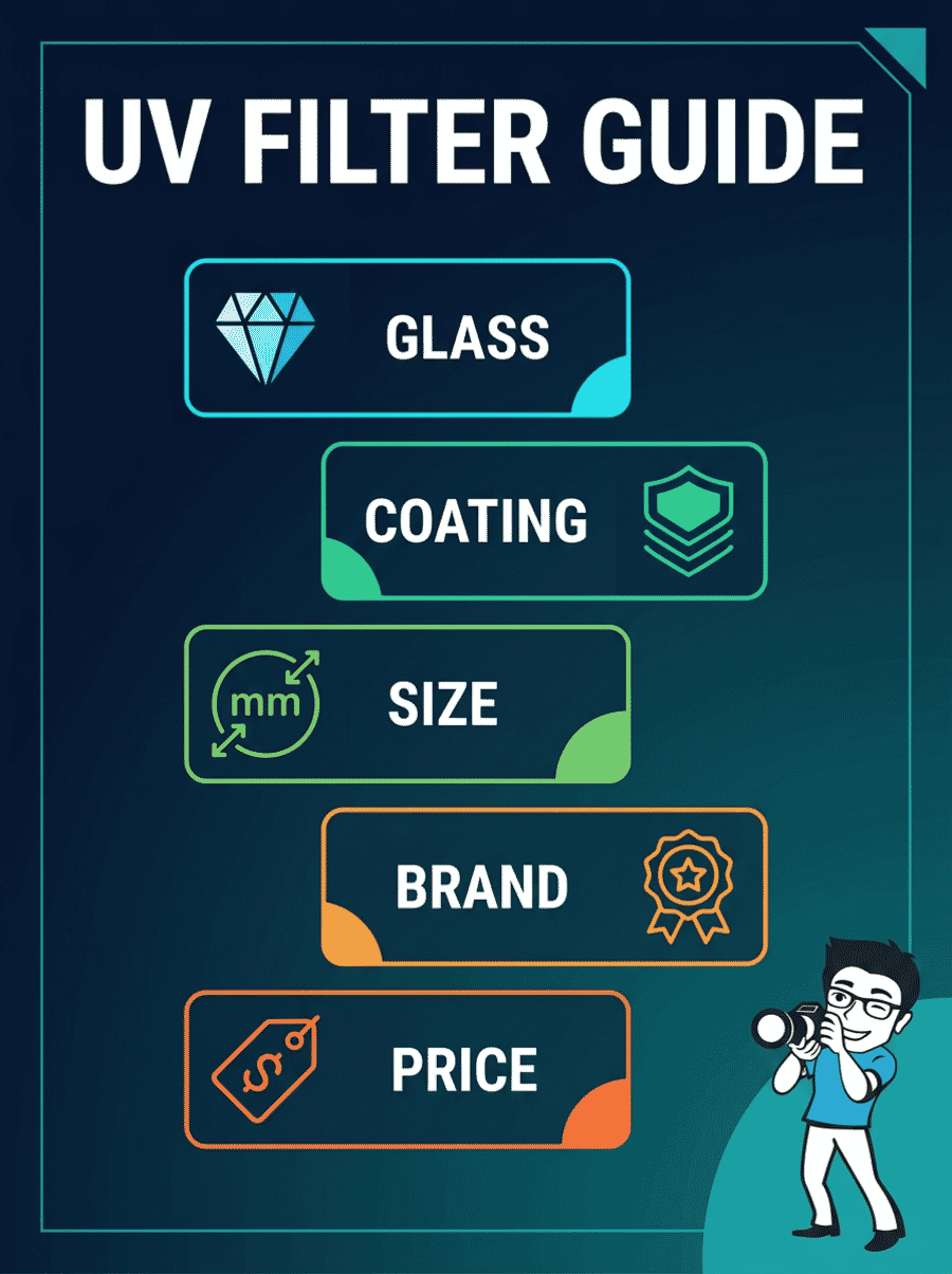 UV filter buying guide infographic showing five key factors: glass quality, coating type, filter size, brand reputation, and price tier