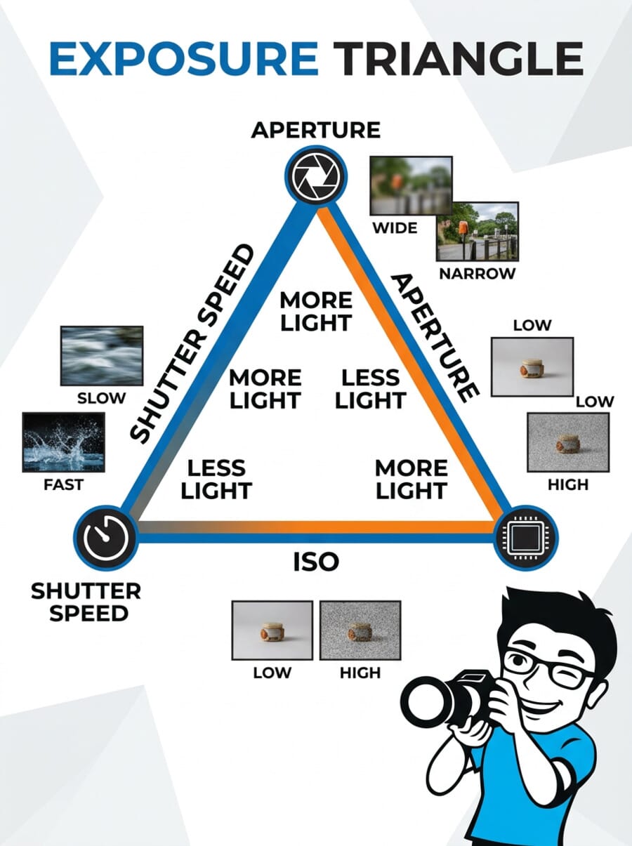 Exposure triangle infographic showing the relationship between aperture, shutter speed, and ISO with visual examples