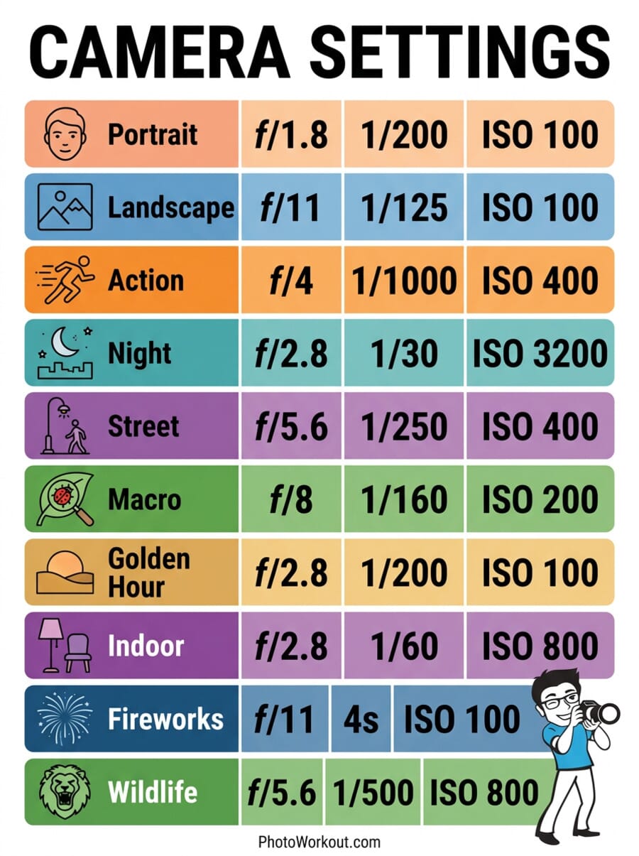 Camera settings cheat sheet showing recommended aperture, shutter speed, and ISO for 10 common photography scenarios