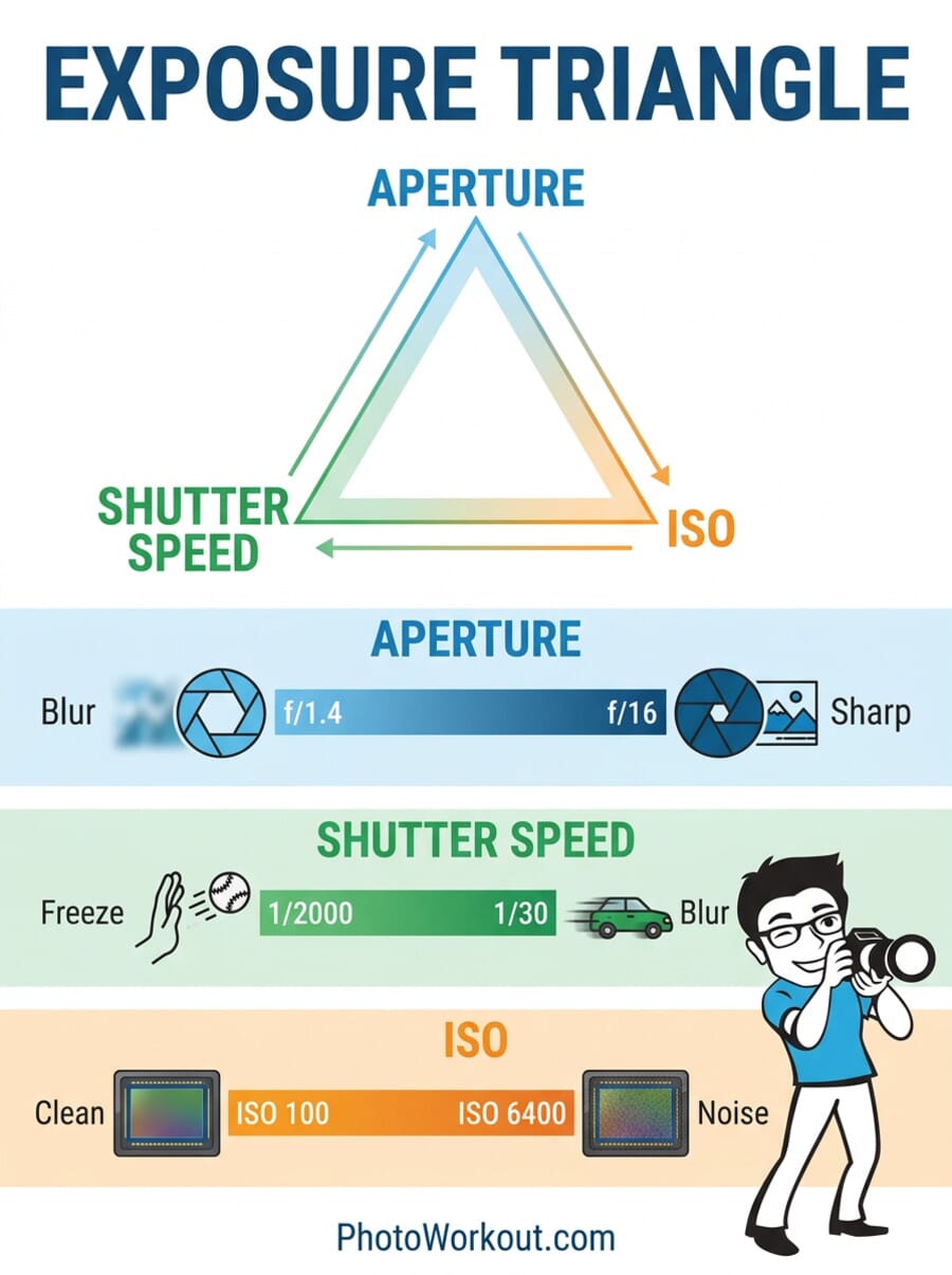 Exposure triangle infographic explaining how aperture, shutter speed, and ISO work together