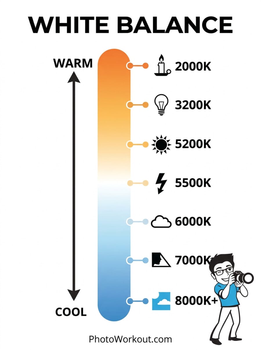 White balance guide showing color temperatures from 2000K warm to 8000K cool