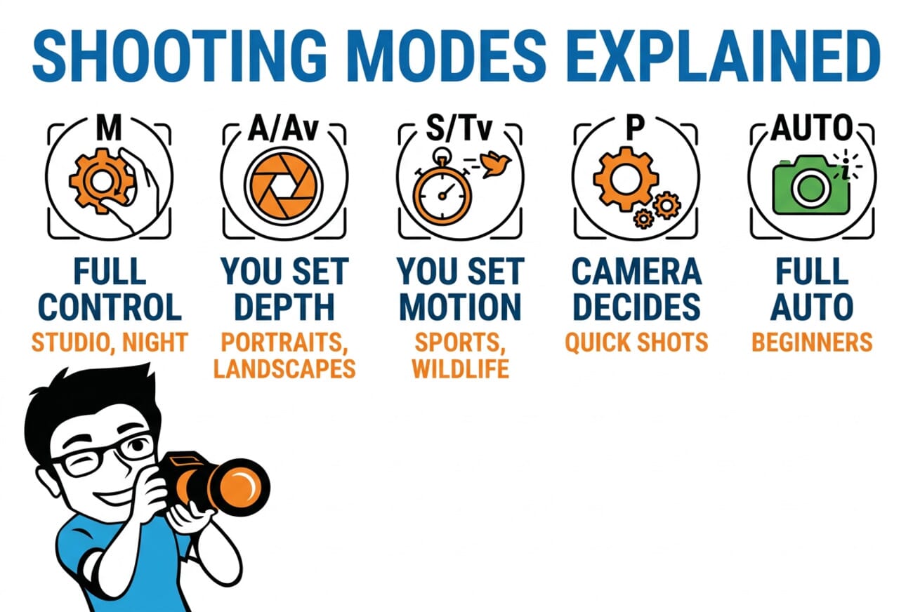 Camera shooting modes explained - Manual, Aperture Priority, Shutter Priority, Program, and Auto with use cases