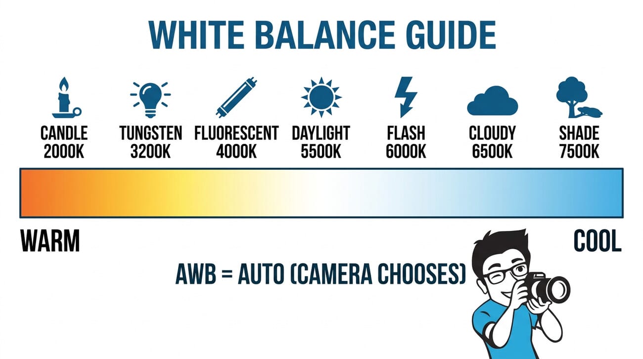 White balance guide showing Kelvin temperature scale from warm candlelight to cool shade with preset icons